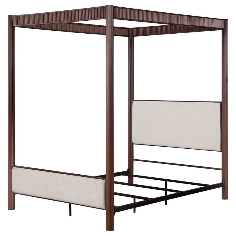89-Inch Metal Eastern King Canopy Bed, Rust Brown Finish, Upholstered Headboard Panels, Stylish Bedroom Focal Point
