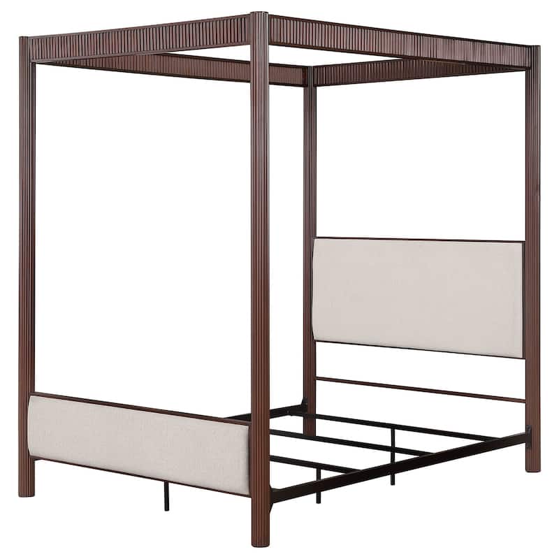 89-Inch Metal Queen Canopy Bed, Rust Brown Finish, Upholstered Panels, Modern Industrial and Elegant Design