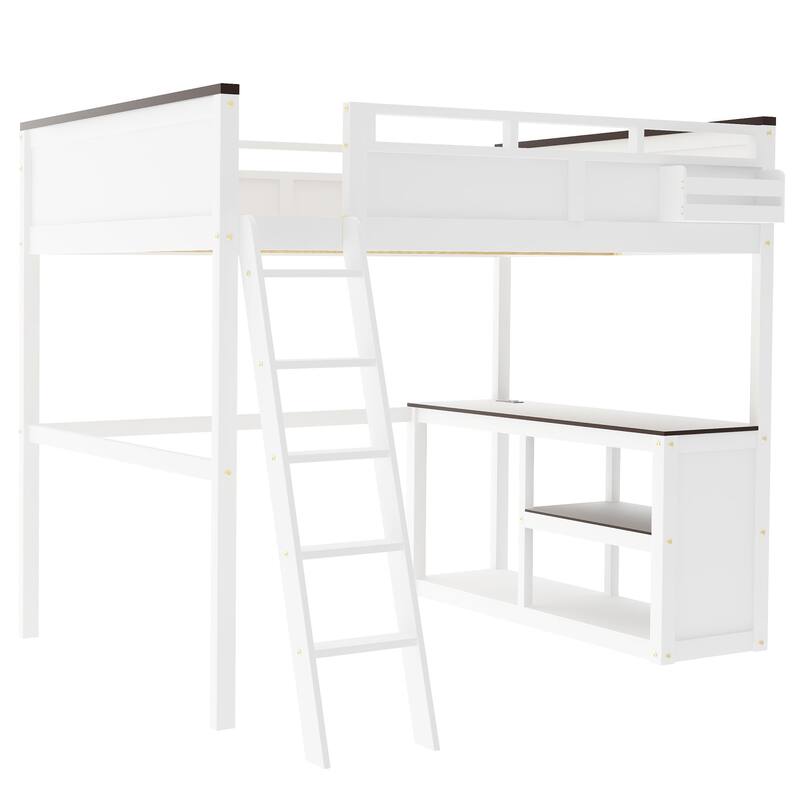Roomfitters Queen Size Loft Bed with Desk, Open Shelves and USB Charging Station, Space-Saving Wood Frame, White