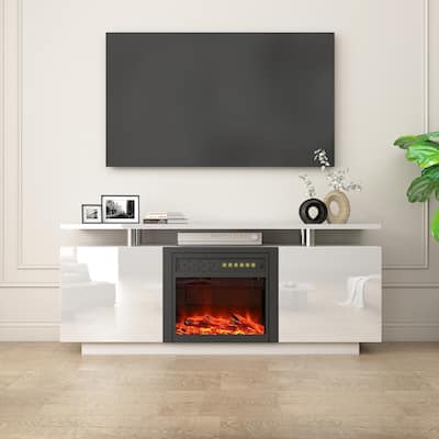 Modern 70" TV Stand with Fireplace & Remote, High Gloss Finish - Heat & Flame Color Options