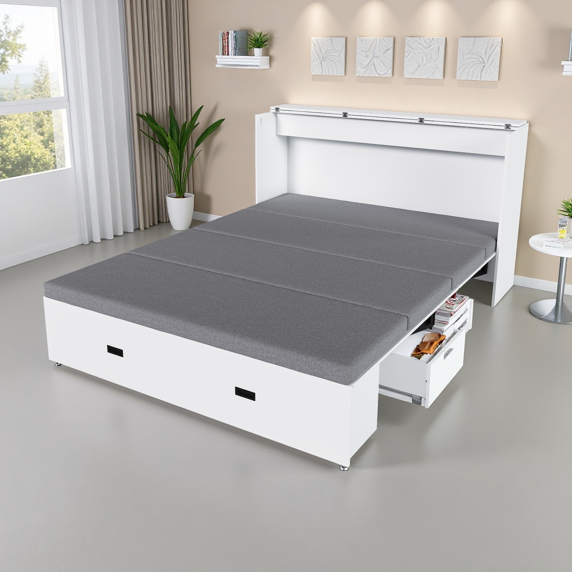 Full Murphy Bed with Storage Drawers & Charging Cabinet, Foldable Panels, Noise-Free