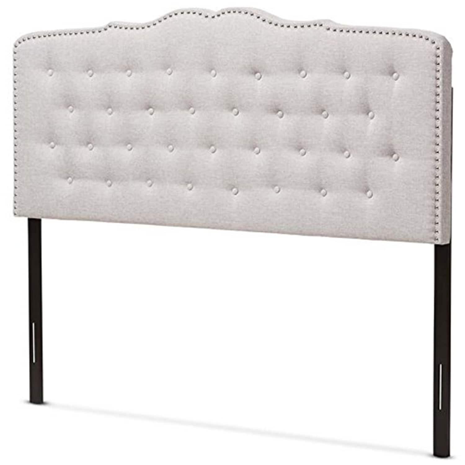 Greyish Beige Queen Fabric Upholstered Headboard with Curved Top and Button Tufting for Modern Contemporary Look