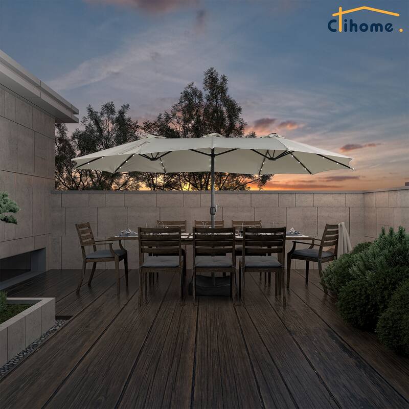 Clihome 15FT Double-Sided Solar Light Market Crank Umbrella with Base