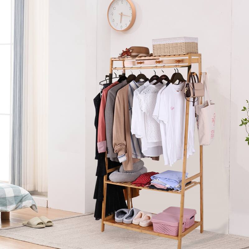 Bamboo Garment Hanging Rack with Storage Shelf for Home Organization - Natural Wood