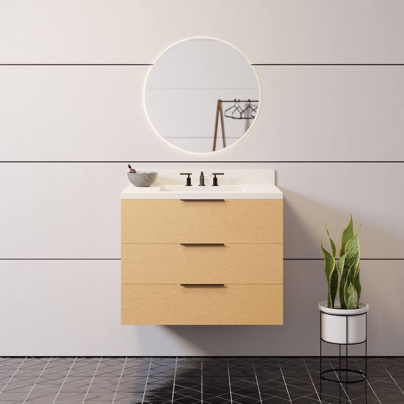 KitchenBathCollection Oslo 30" Floating Wall-Mounted Bathroom Vanity with Matte White Top - Blonde