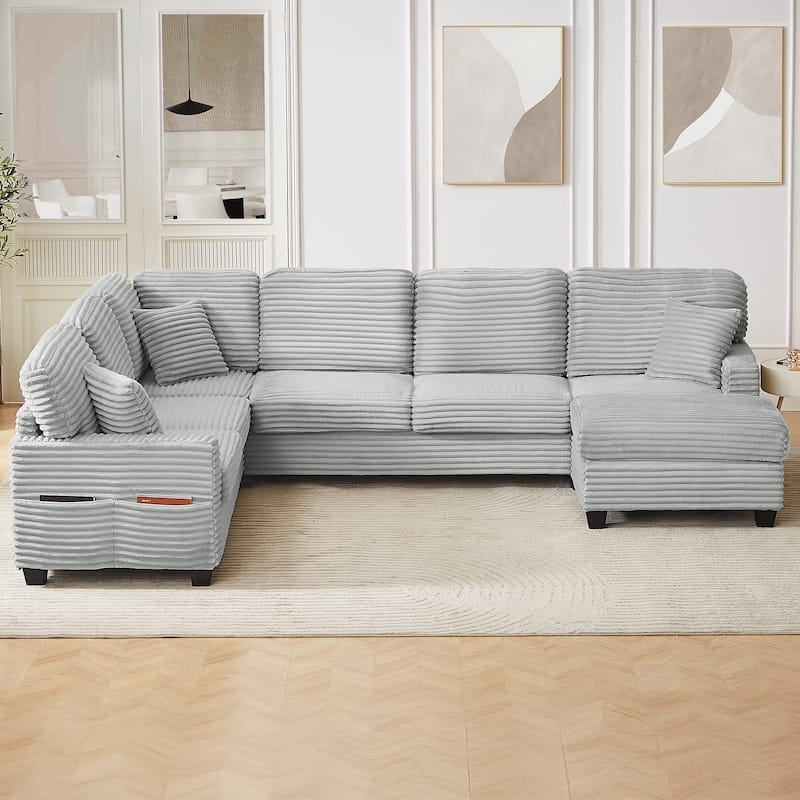 Sectional Sofa U-shaped Sectional 125.2" Upholstered L-shaped Sofa with a Movable Ottoman and Side Storage Pockets