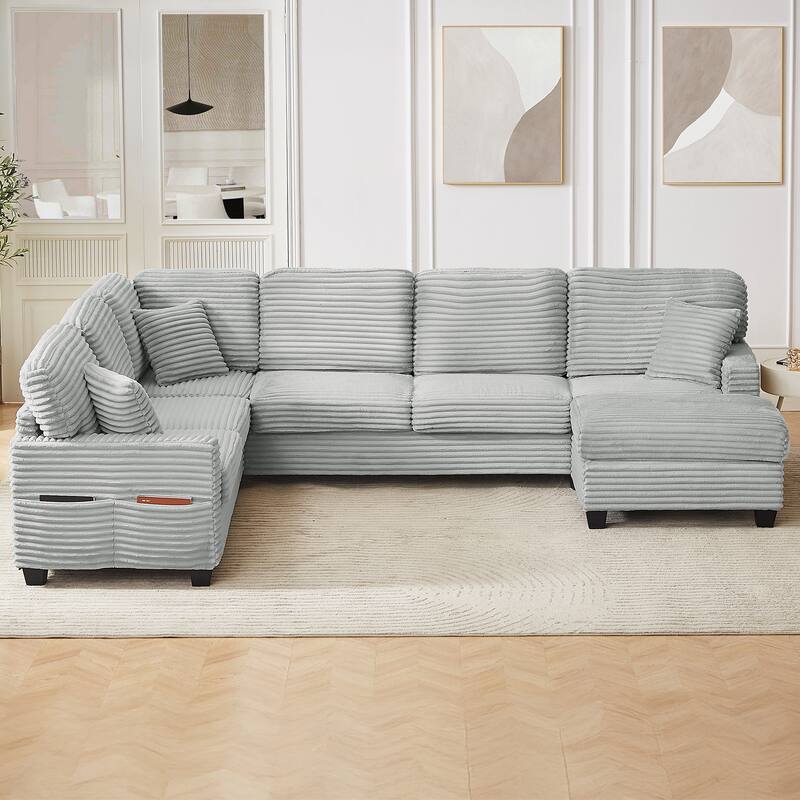 U Shaped Sectional Sofa with 1 Movable Ottoman, Corduroy Upholstered 6 Seater Sofa, Corner Sofa with Storage Pockets