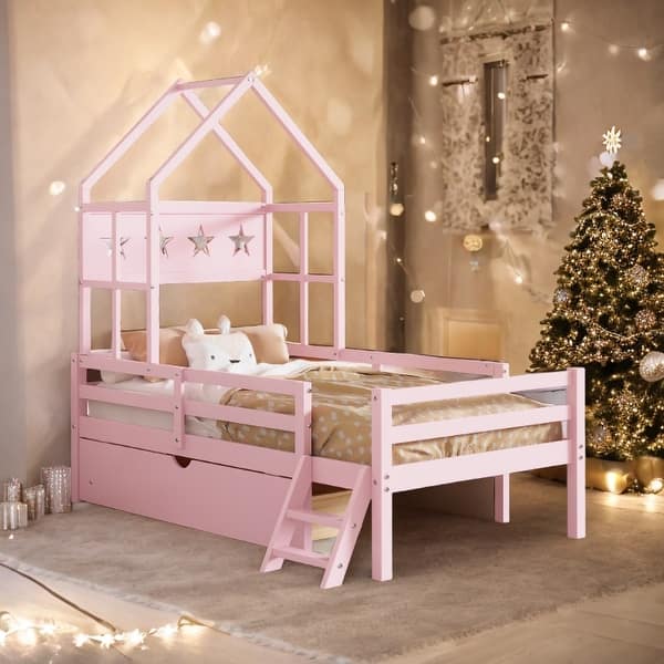 slide 2 of 10, Twin Size House Play DIY Platform Bed with Guardrail and Drawer Pink