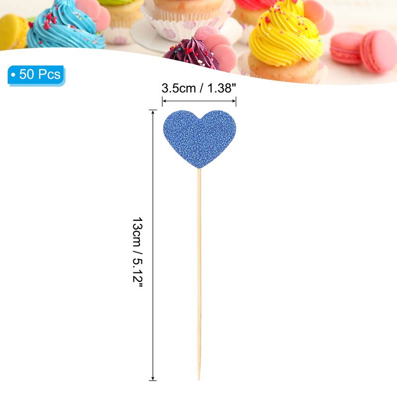 50Pcs Heart Cupcake Toppers,Star Cupcake Picks Birthday Decoration - Sapphire Blue