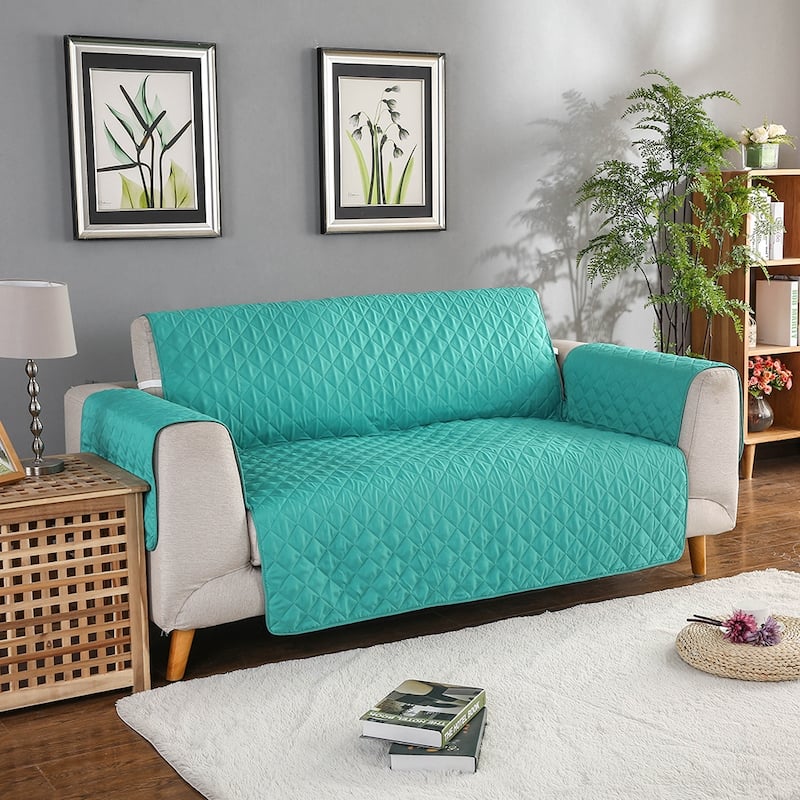 Quilted Microfiber Sofa Slipcover Furniture Protector Mat with Straps - 3-Seater - Green
