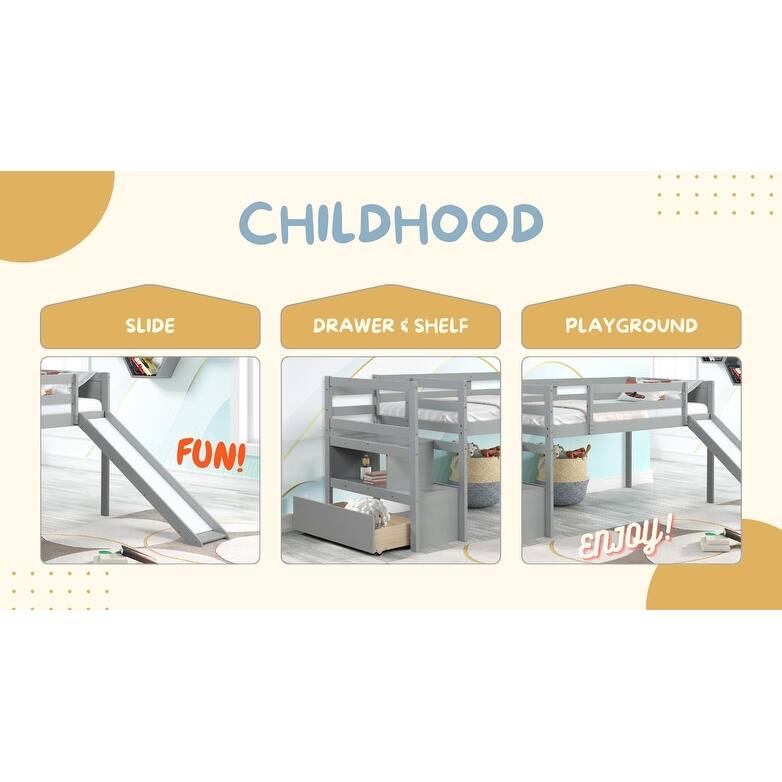 Twin Size Loft Bed with Slide and Storage, Wooden Low Loftbeds Frame