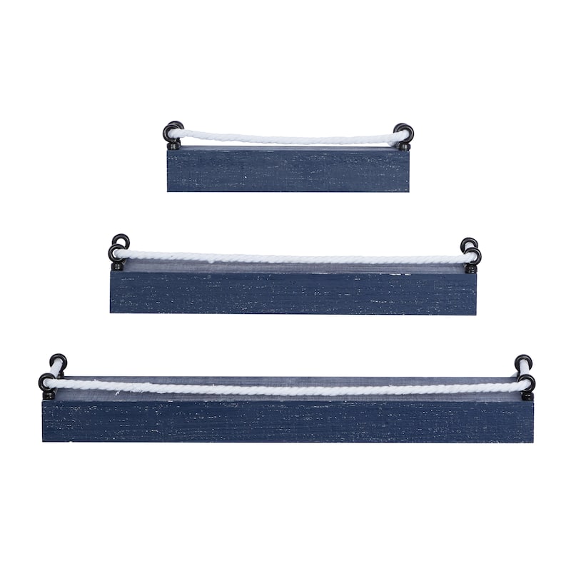 Wood 3 Shelves Wall Shelf with Knotted Rope - Set of 3 Blue - Roche River Decor - 8"W x 32"L x 5"H