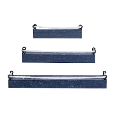 Wood 3 Shelves Wall Shelf with Knotted Rope - Set of 3 Blue - Roche River Decor - 8"W x 32"L x 5"H