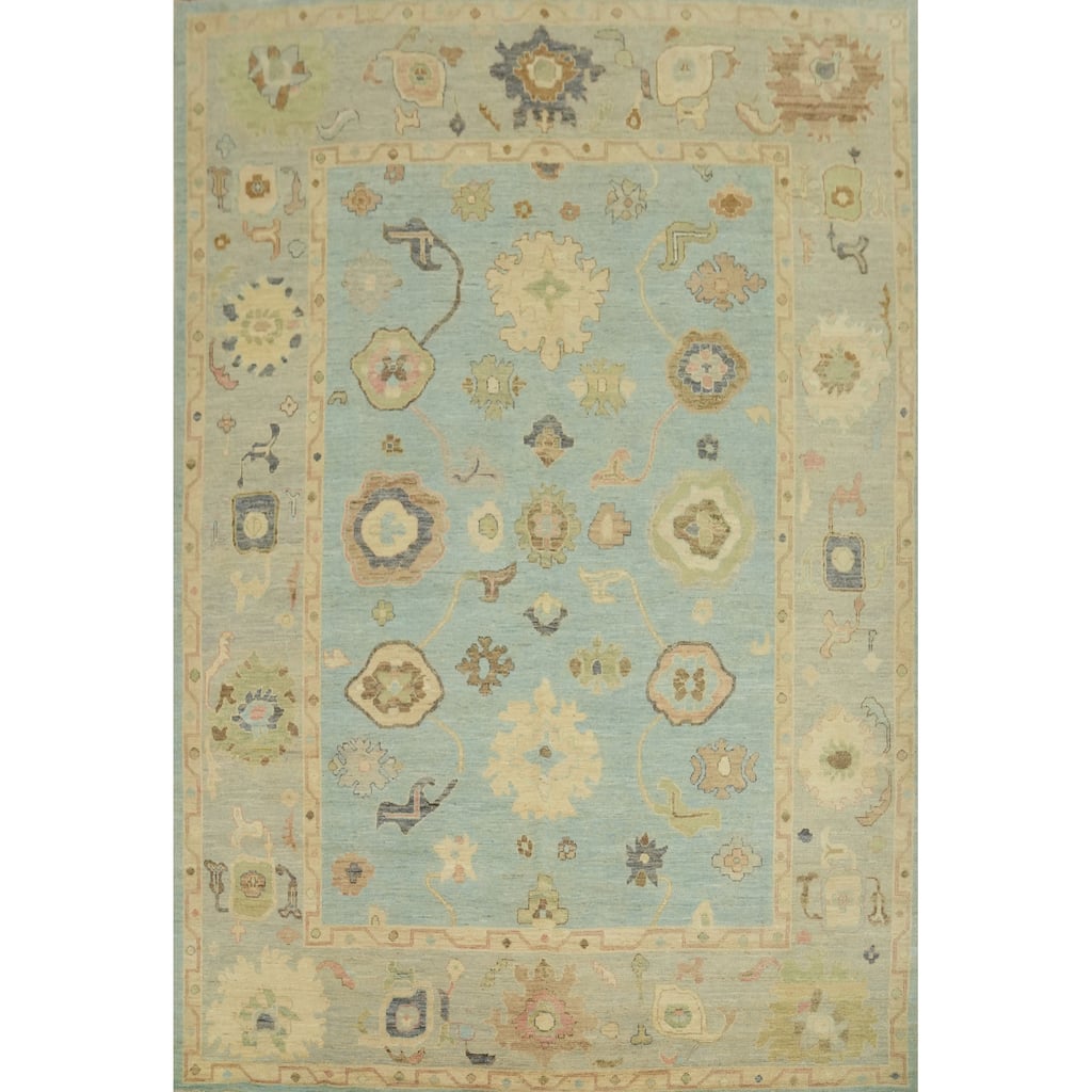 Vegetable Dye Blue Oushak Turkish Area Rug, Floral Geometric Carpet - 12' 0'' X 9' 3''