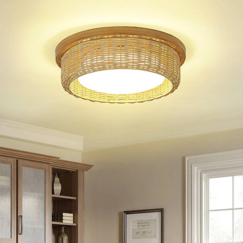 12.6 /15 Inch Rattan Dimmable LED Ceiling Light, Painted Wood