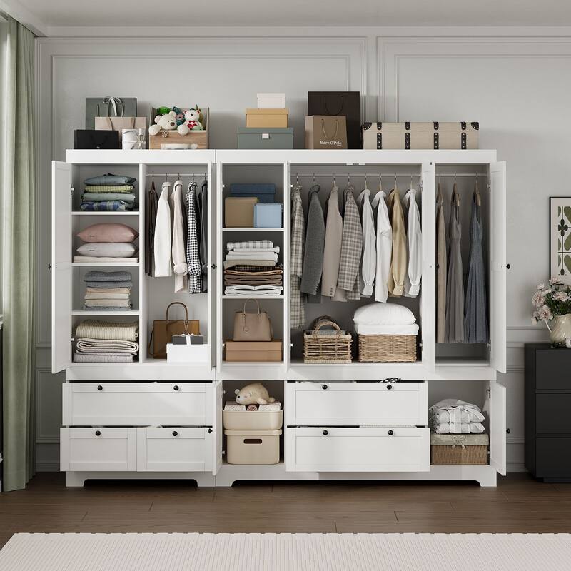 Gyomojoy Large White Wardrobe Closet with Drawers & Doors, Modular Armoire with Hanging Rods, Apartment & Dorm Storage