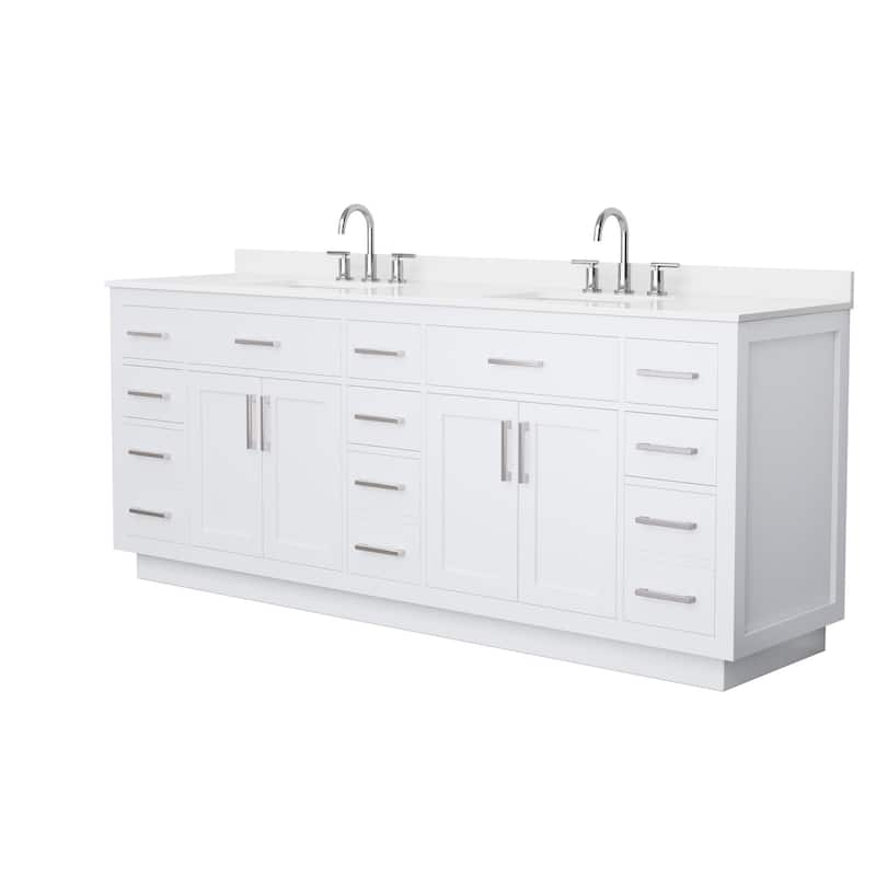Beckett TK 84-inch Double Vanity, 3 Hole Quartz Top - White, Nickel Trim, White Quartz Top