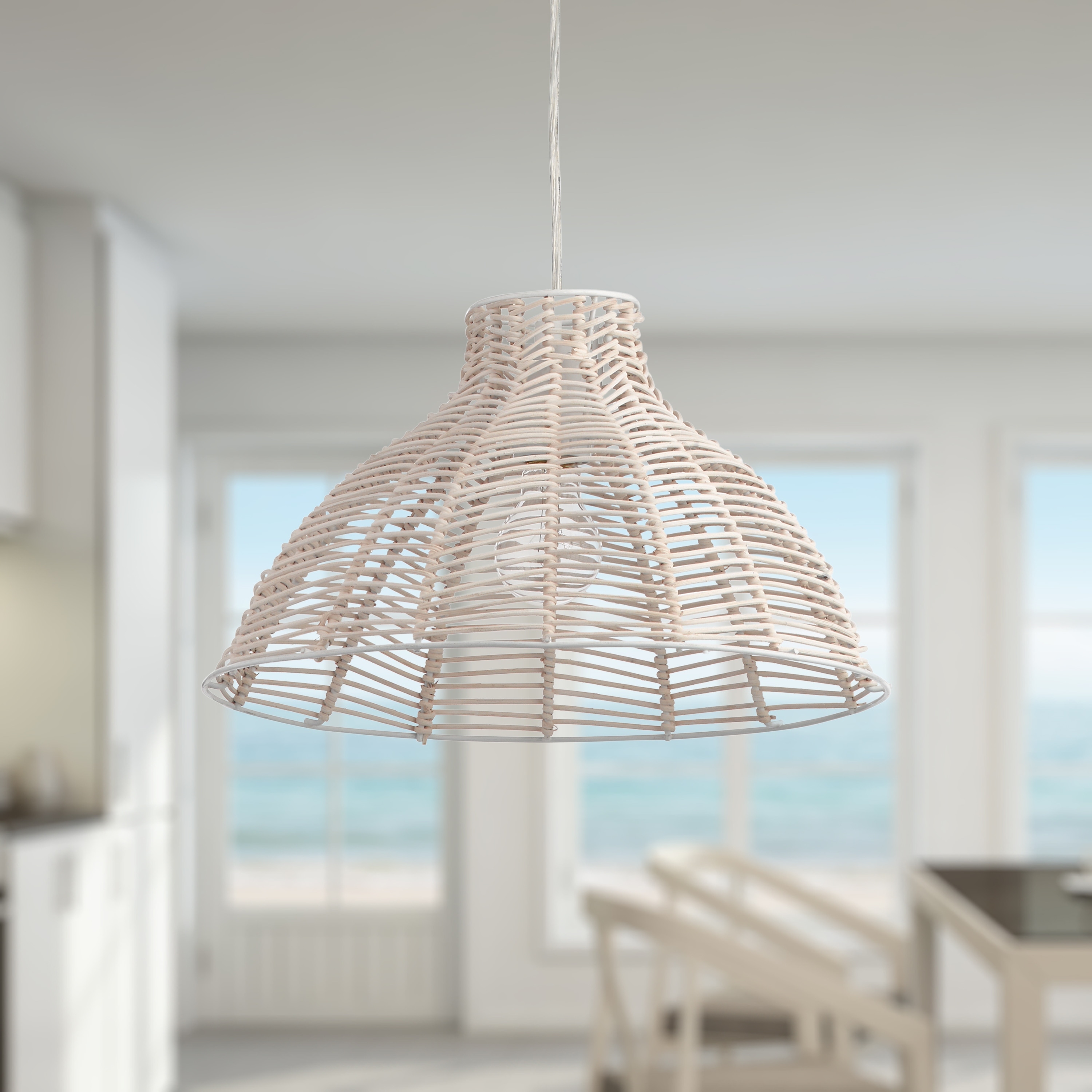 River of Goods Irene White Woven Rattan Shade Hanging Pendant Light - 15" x 15" x 9.875/57.875"