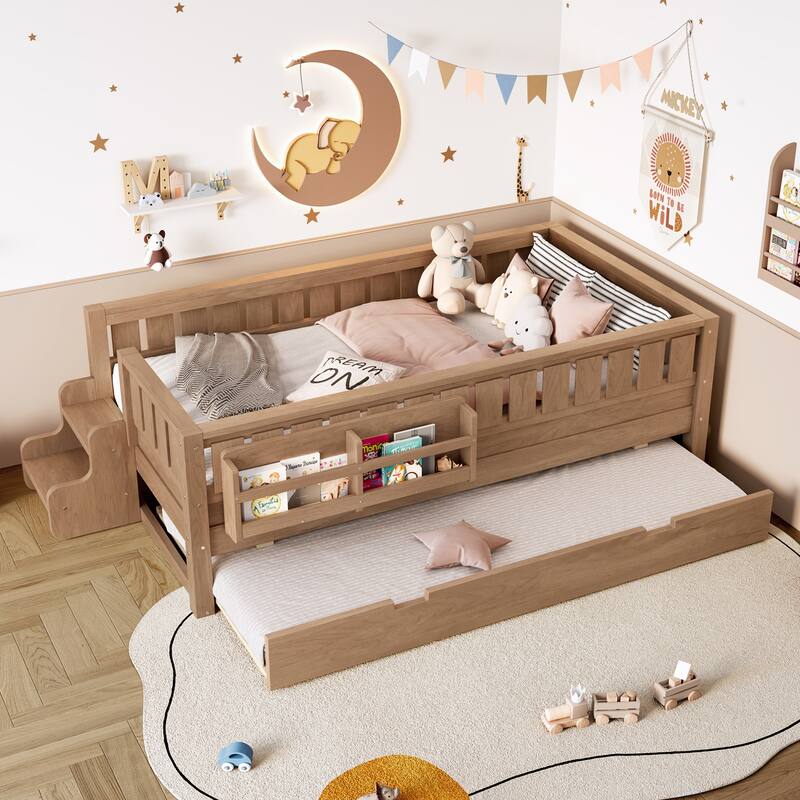 Full/Twin Size Wood Bed with Built-in Bookshelves and Storage Staircase, Safety Rails and Trundle Bed - Natural - Twin
