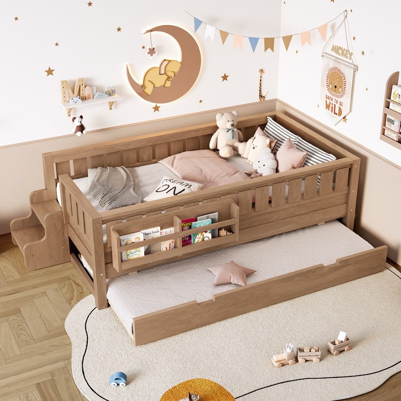 Roomfitters Floor Bed with Bookshelf and Trundle, Low Profile Frame with Step Entry