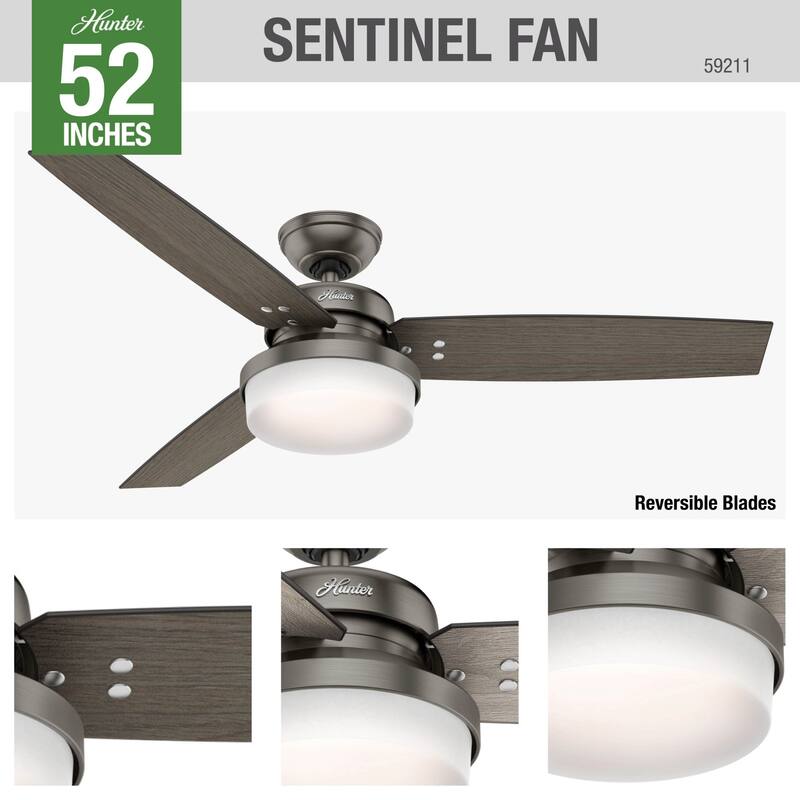 Hunter Fan Sentinel Brushed Nickel 52-inch Ceiling Fan with 3 Reversible Blades - Silver