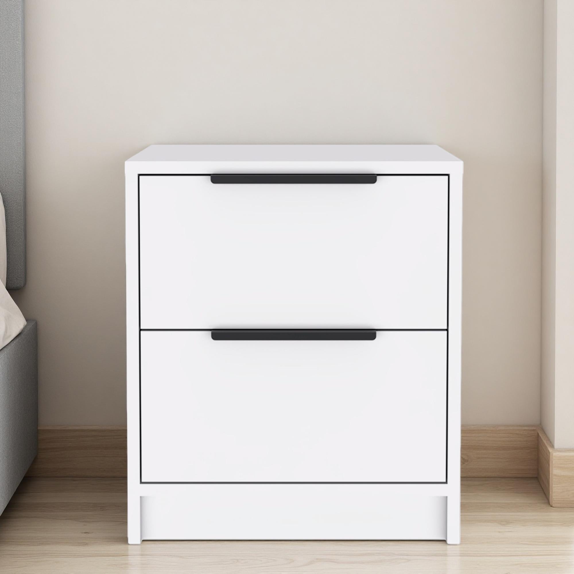 16"L High Modern Durable Nightstand with Two Drawers and Metal Handles, Smooth-Glide Bedside Table