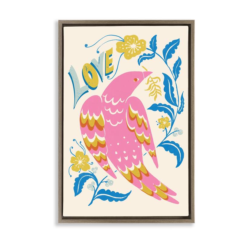 Stupell Groovy Folk Love Bird Framed Floater Canvas Wall Art Design By Hannah Moren - 17 x 25 - Brown