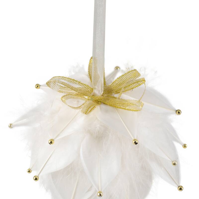 Beaded Feathers Christmas Ball Ornament - 5" - White