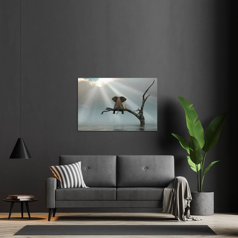 Elephant And Dog Are Sitting On A Tree Fleeing A Flood Print On Acrylic Glass by Mike Kiev - 24x32x0.25