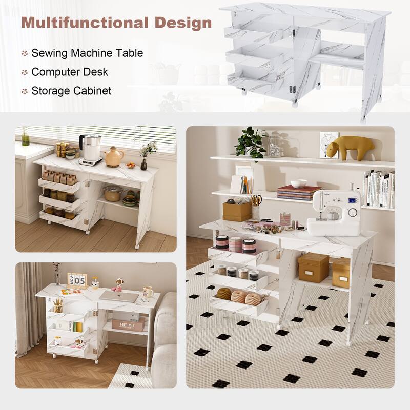 White 4-in-1 Foldable Sewing Table with Storage Shelves and Lockable Wheels Reinforced Steel Hinges