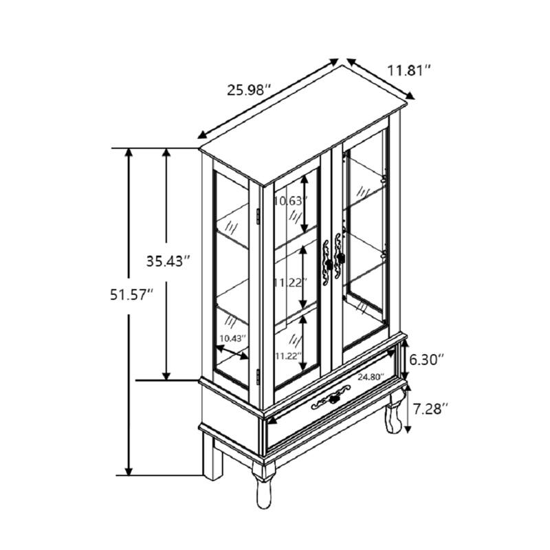 Black LED-Lit Curio Cabinet - Glass Door Display Case With Adjustable Shelves & Storage Drawer‌