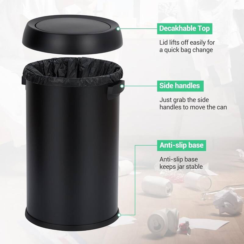 17 Gallon Stainless Steel Swing Top Trash Can, Heavy Duty Round
