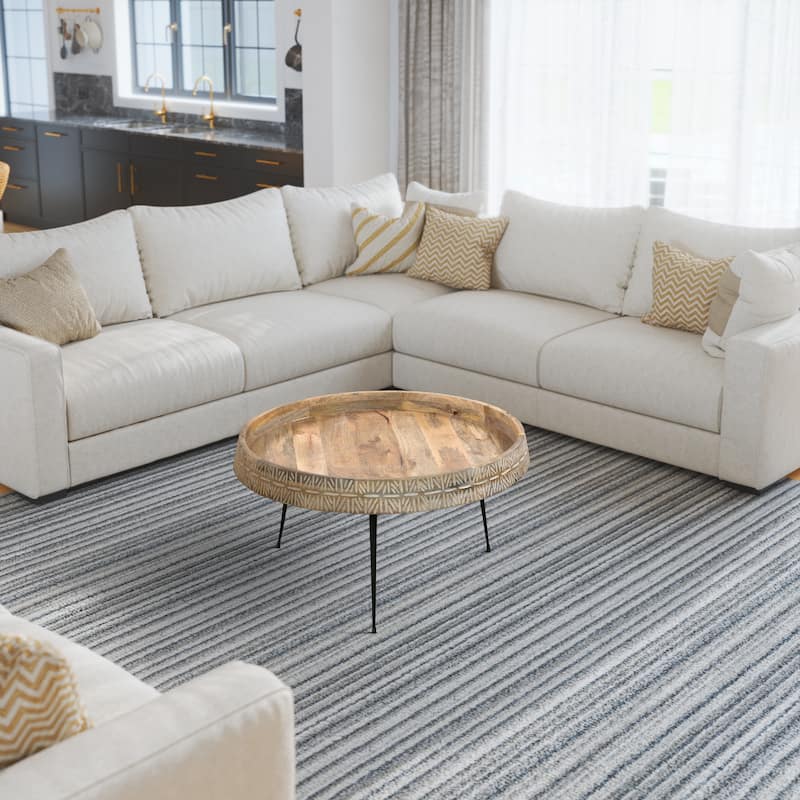 Gia 29 Inch Modern Handcrafted Round Coffee Table, Natural Brown Wood Top with Carved Edge, Black Iron Legs - Brown, Black, White - Wood