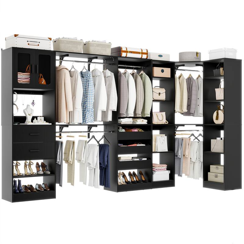 100" × 100" Closet System With Door and Wooden Drawers, Closet Organizer with 5 Hanging Rods and 20 Storage Shelves