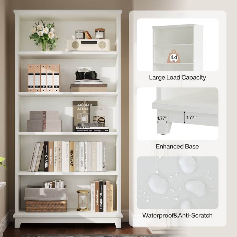 5-Tier White Bookshelf 70-Inch Tall Wooden Bookcase for Home Office
