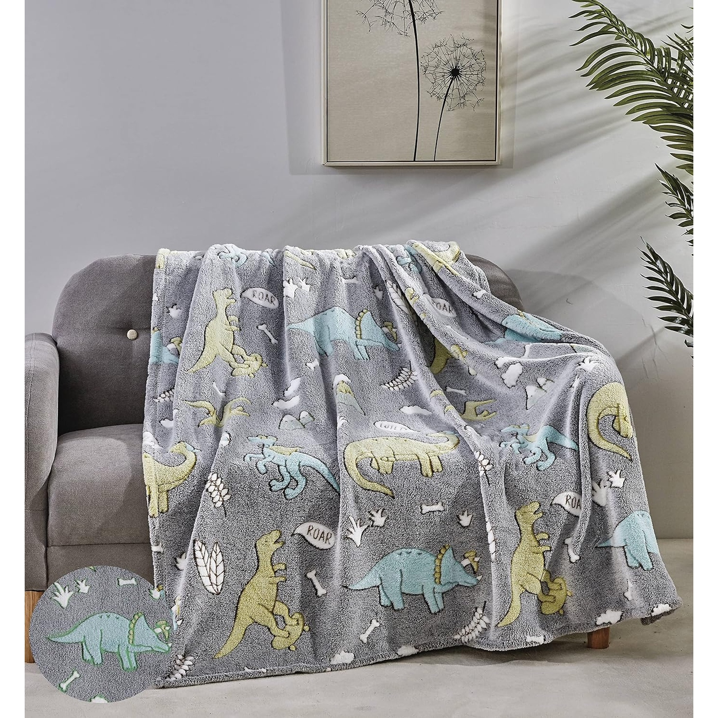 FAITH HOPE LOVE HOME DECOR Ultra Plush Cosmic Glow in The Dark Throw Blanket 50 x 60 Grey Dino Pals