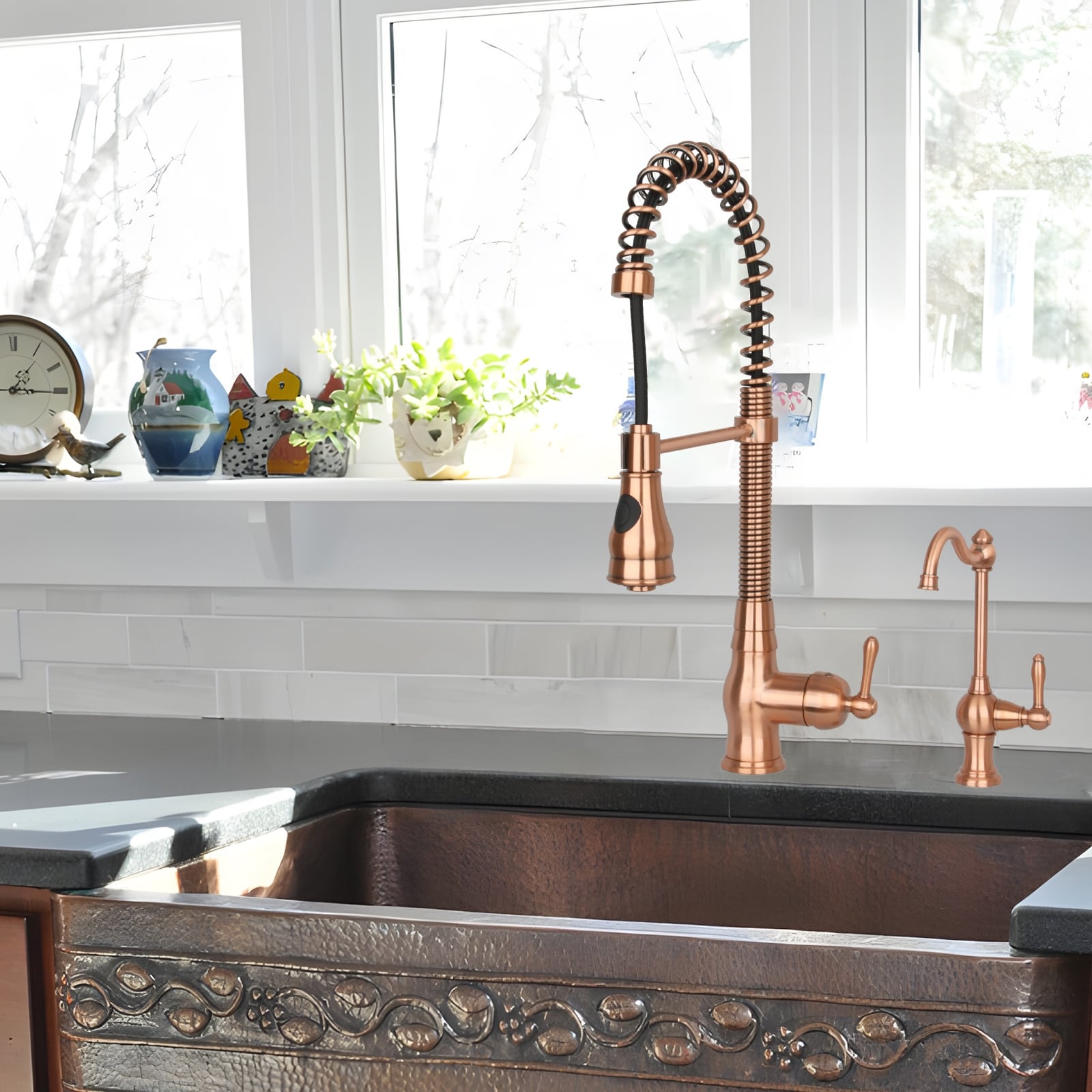 Copper Pre-Rinse Spring Kitchen Faucet, Single Level Solid Brass Kitchen  Sink Faucets with Pull Down Sprayer - 8.9x21