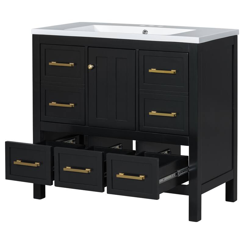 GDFStudio - Rivinia Modern Freestanding Bathroom Vanity Set with Resin Sink and 5 Drawers & Soft Closing Doors - 36'W