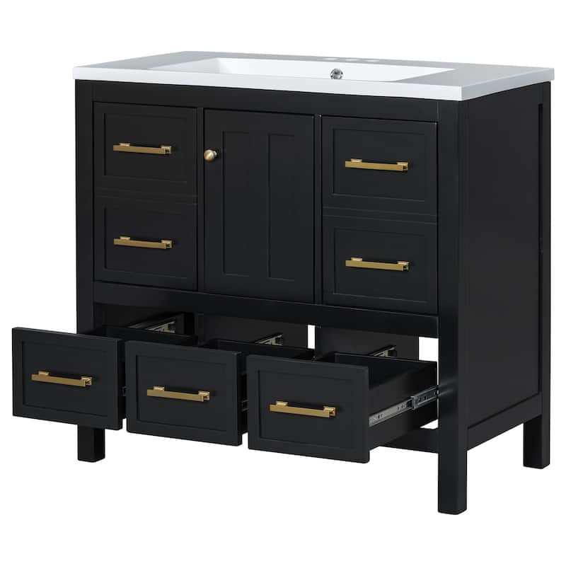 Roomfitters 36" Vanity with Resin Sink, Solid Wood Cabinet with 5 Drawers and Soft Closing Doors, Freestanding Storage Set