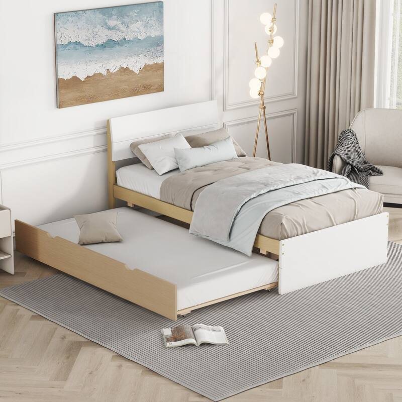 Modern Twin Platform Bed with Light Oak Trundle & High Gloss Headboard - White + Light Oak