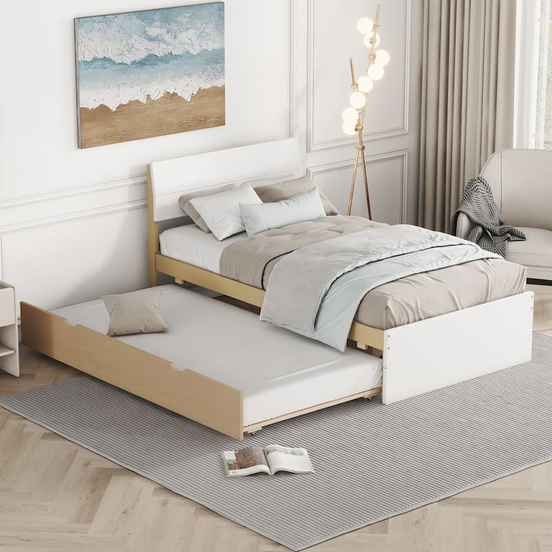 Modern White High Gloss Twin Bed Frame with Light Oak Trundle - White + Light Oak