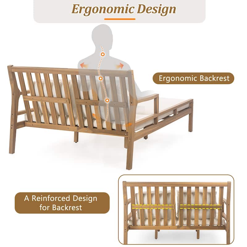 Outdoor Patio Wooden Daybed w/ 4 Pillows & Curved Armrests for Poolside Backyard Garden