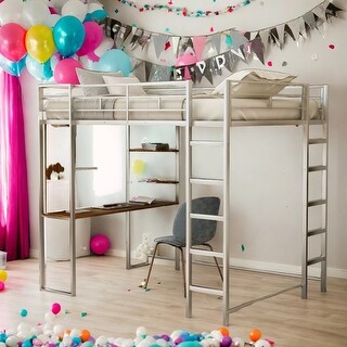 Full Size Metal Loft Bed With 2 Shelves and one Desk for Home