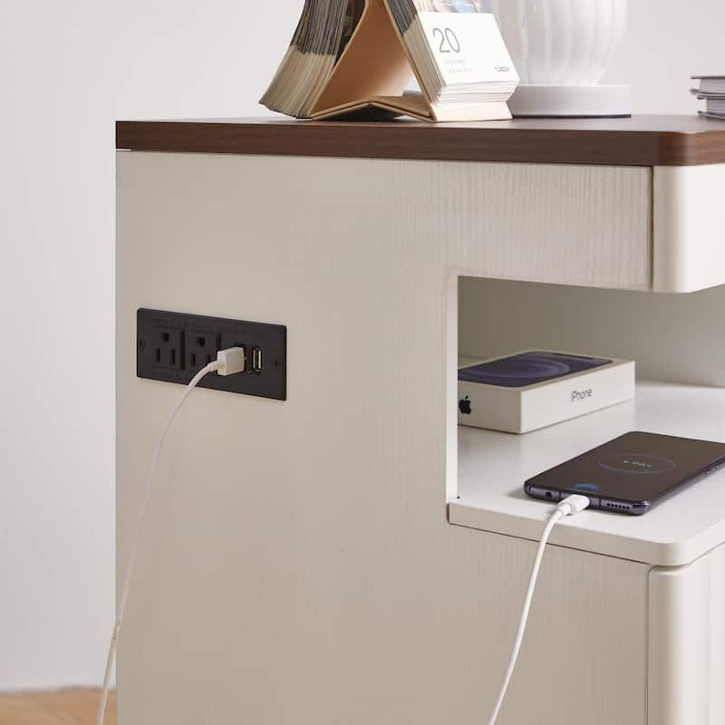 Modern Bedside Table with Gun Drawer,Bedside Table with Charging Station, 2 Drawers and Open Shelf,Side Table for Bedroom