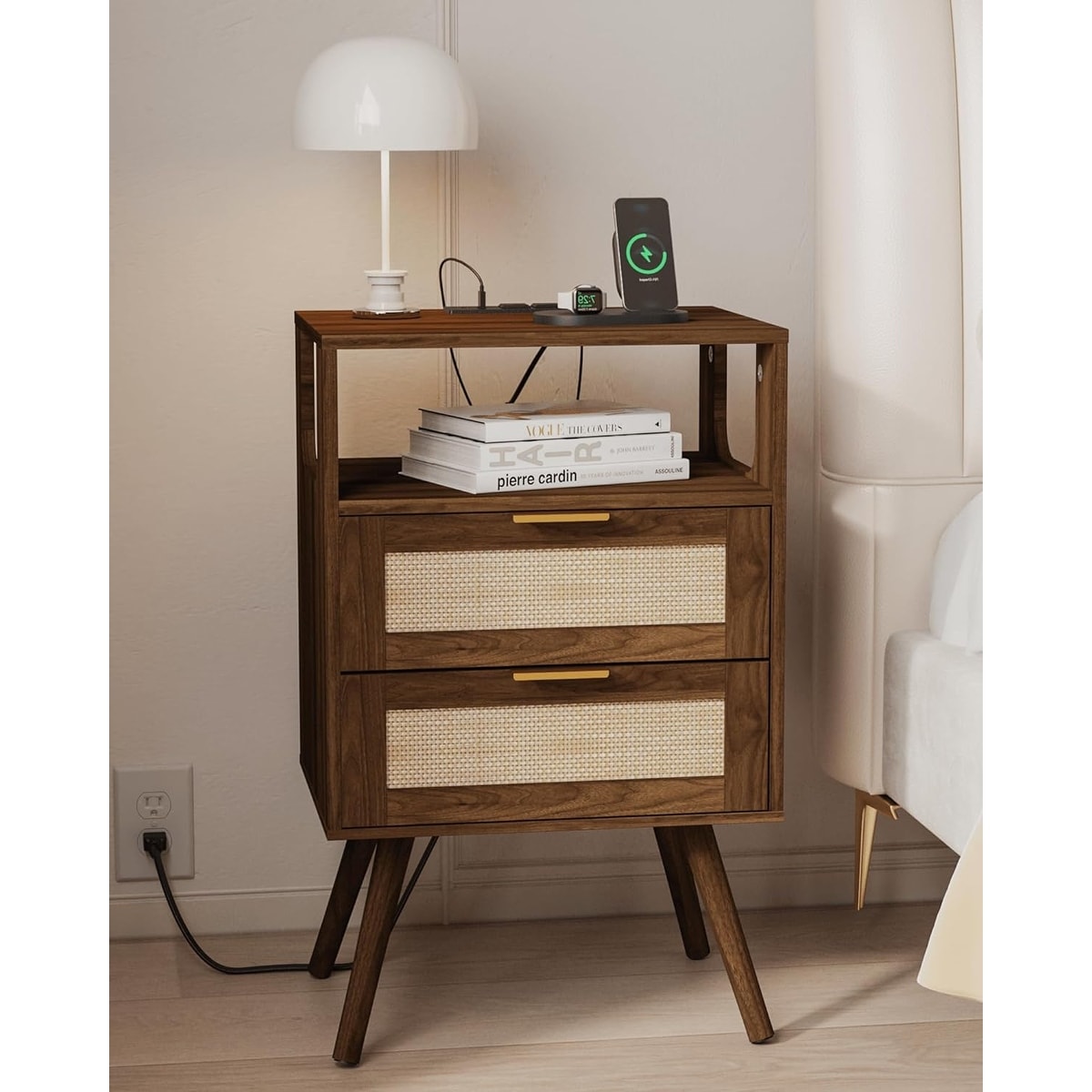 Farmhouse Nightstand with Charging Station, 2 Drawers, and Open Shelf for Bedroom or Small Spaces