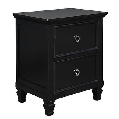 2 Drawer Wooden nightstand with Tapered Legs and Metal Rings, Black