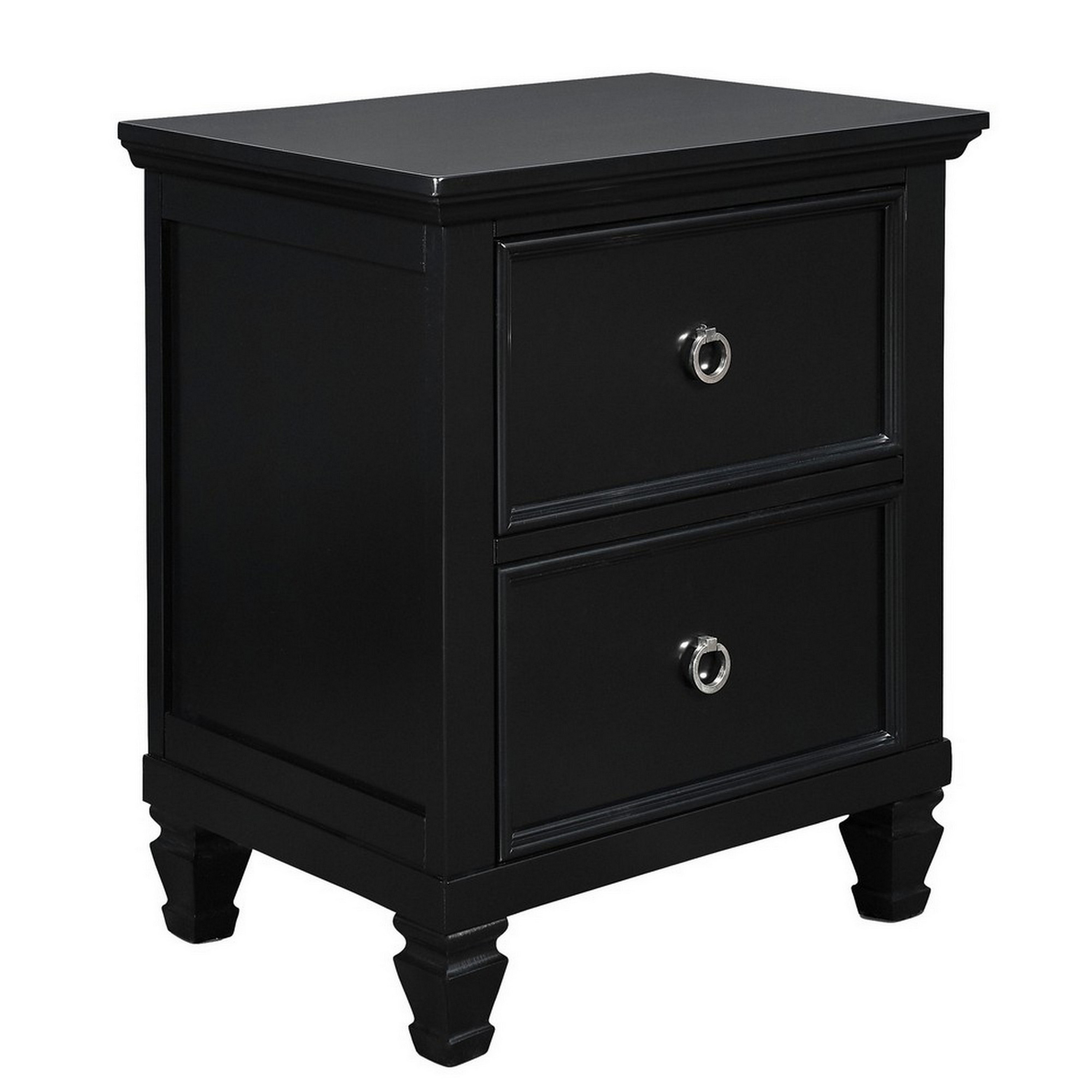 2 Drawer Wooden nightstand with Tapered Legs and Metal Rings, Black