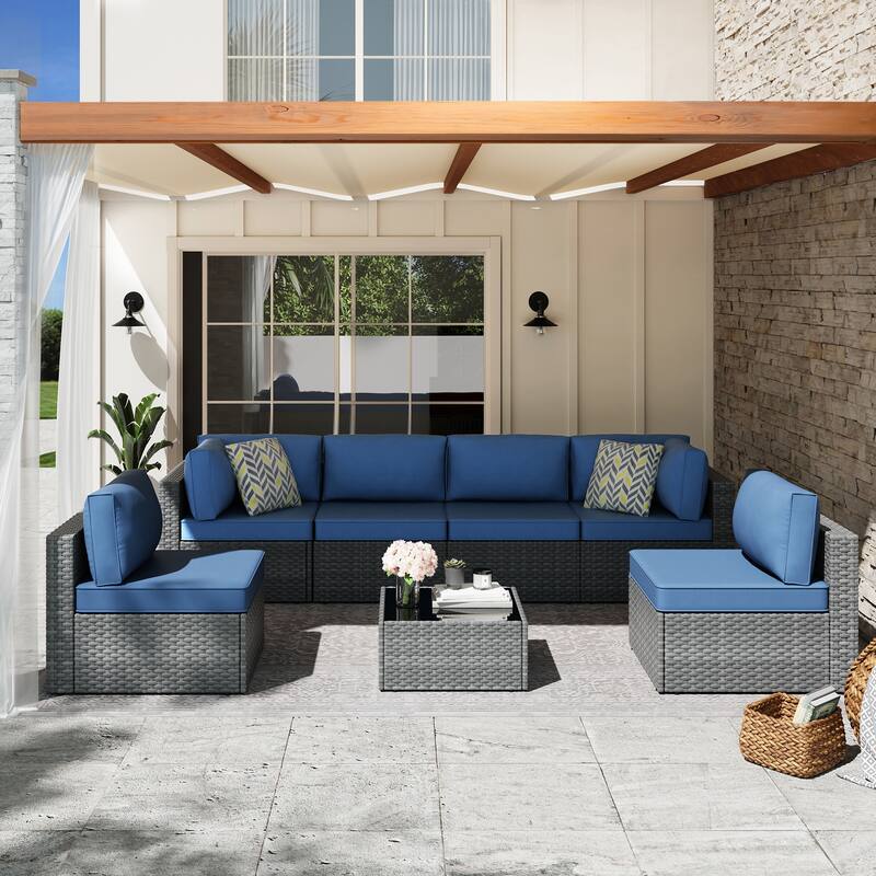 7-Piece Outdoor Sectional Seating Group with Cushions - NavyBlue/Silver