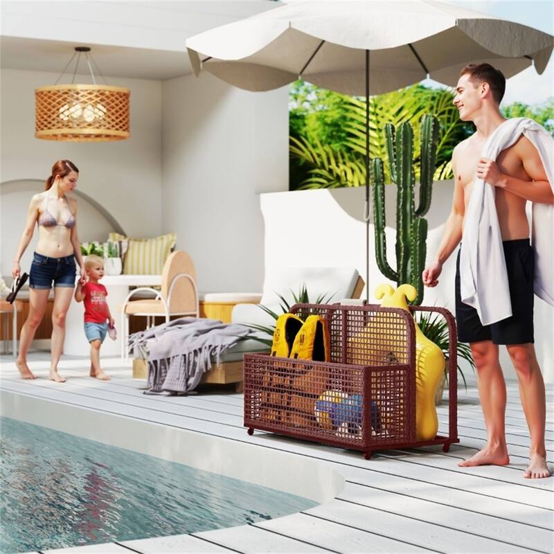 Brown PE Rattan Outdoor Pool Float Storage Organizer Cart with Wheels and Three Sections - 43.25" L x 36.8" W x 29.5" H