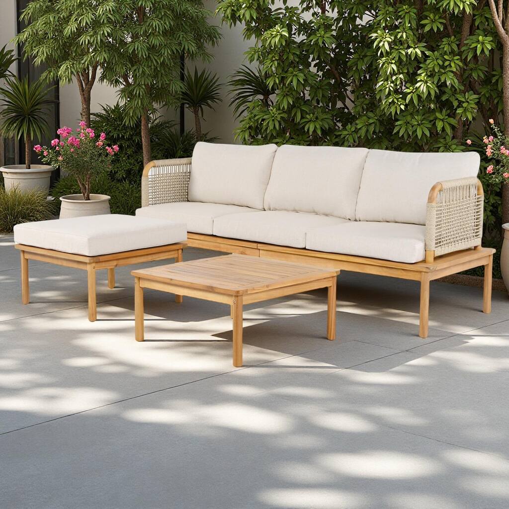 3-Piece Outdoor Patio L-Shaped Acacia Wood Rope Weave Sectional Sofa Set with Coffee Table and Ottoman